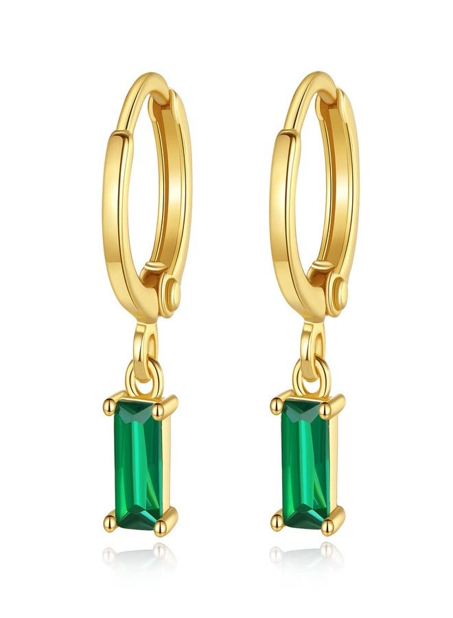 BLBLJERY Green Earrings 18k Gold Plated Huggie Earring with Dangle Simulated Emerald Earrings for Women Small Gold Huggie Hoop Baguette Earring - Image 1